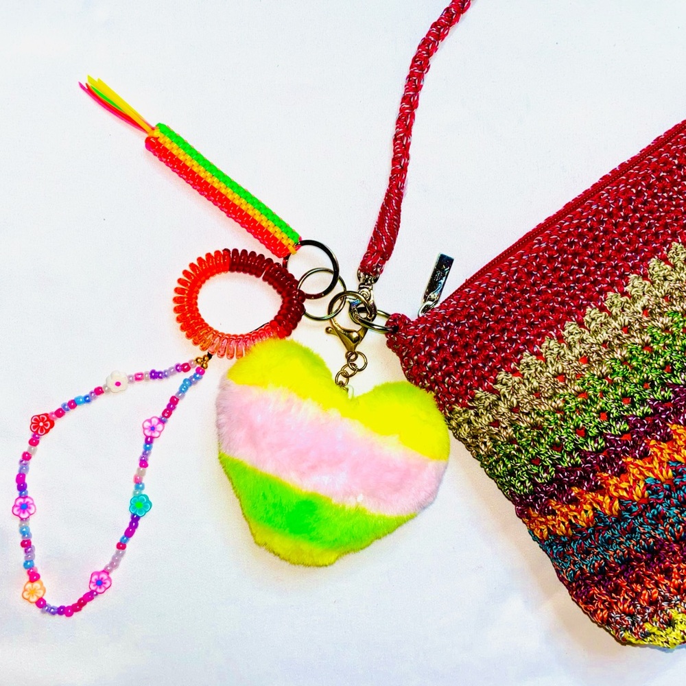 Plush Yellow Heart Pom Keychain Set For Car Keys. Handbag Hanging Decorations.